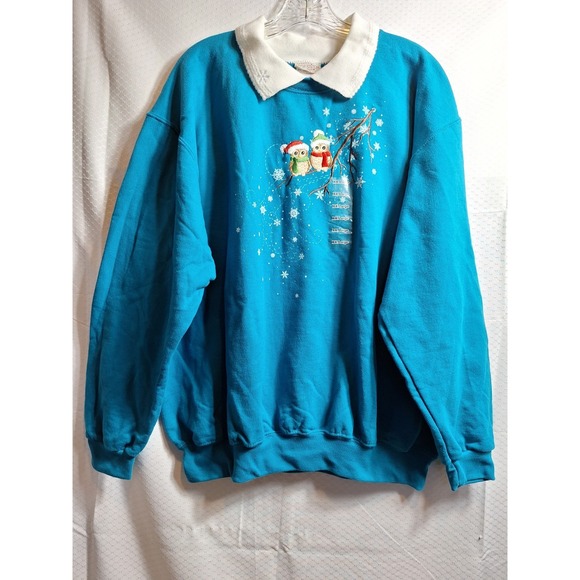 NEW Vtg TOP STITCH Collared Sweatshirt Sz 2XL Teal Embroidered Snow Owls Grandma - Picture 1 of 7